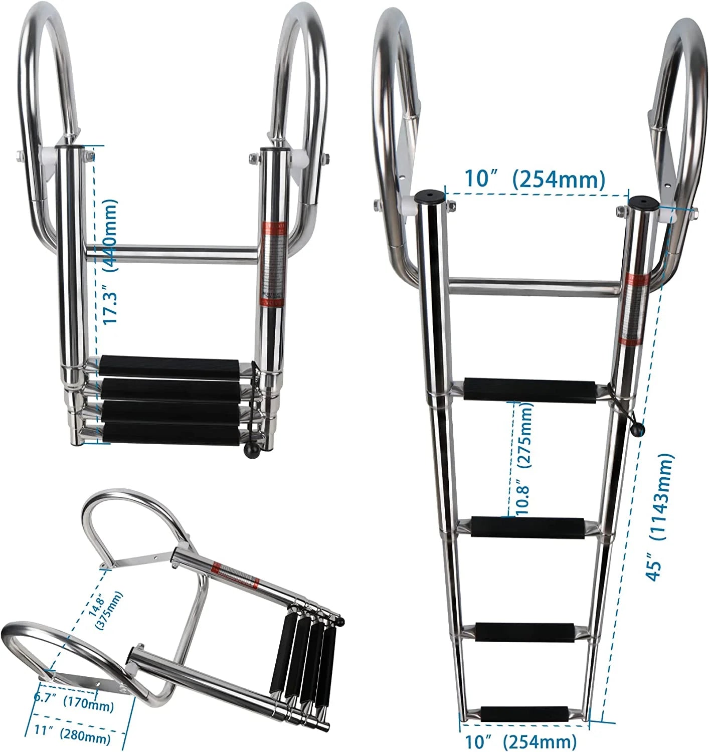 4 Step Pontoon Boat Ladder,Heavy Duty Telescoping Boat Boarding Ladder with Wide Steps, Folding Boat Swim Ladder,Dock Ladder with Hand Railings