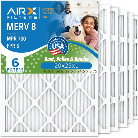 20x25x1 Air Filter MERV 8 Comparable to MPR 700 & FPR 5 Electrostatic Pleated Air Conditioner Filter 6 Pack HVAC AC Premium USA Made 20x25x1 Furnace Filters by AIRX FILTERS WICKED CLEAN AIR.