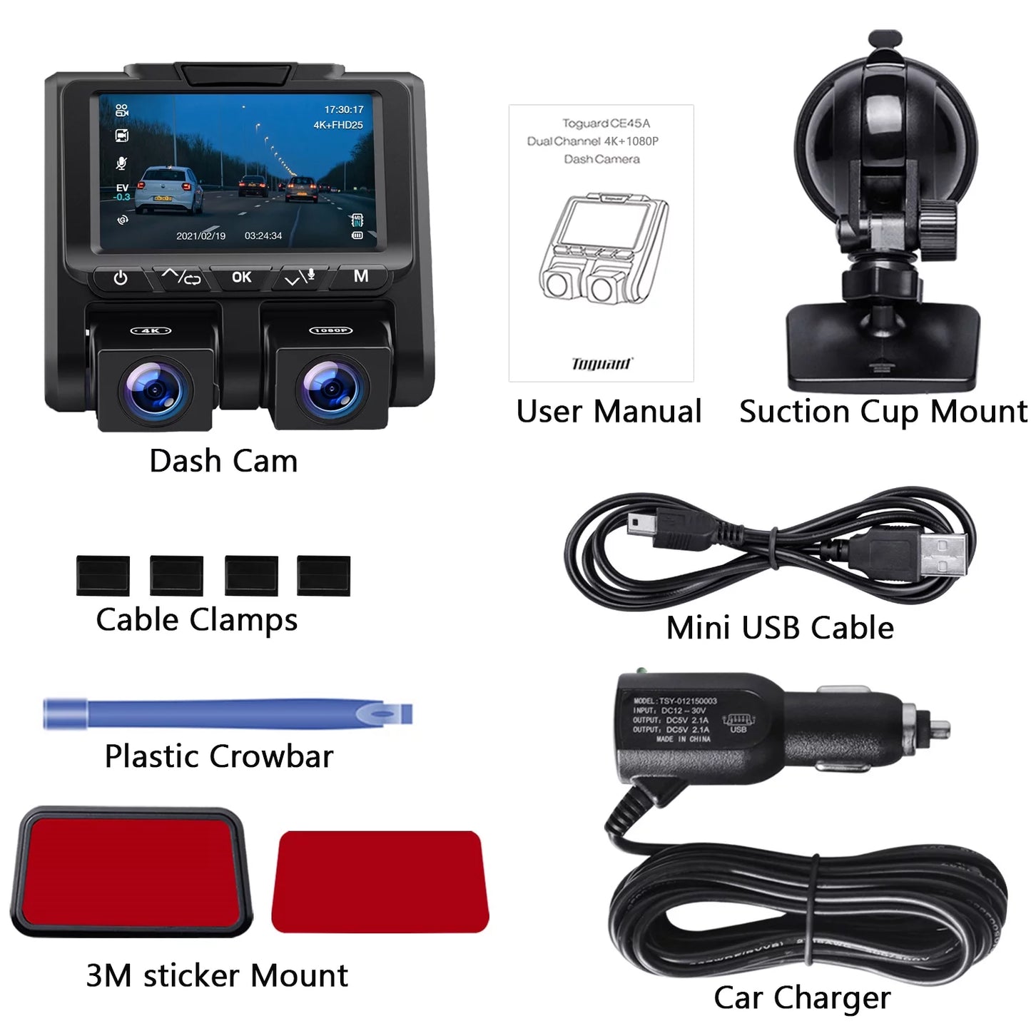 4K Dash Camera TOGUARD 4K+1080P Dash Cam Front and Inside 3" LCD Screen Car Camera Loop Recording Parking Mode G-Sensor