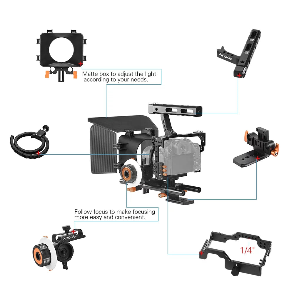 Andoer Camera Cage,Aluminum Alloy Camera Film W/matte Box Kit Film W/matte A7s/a7/a7r/a7rii/a7sii/a7iv + Handle + Handle + 15mm Box + + W/matte Box + Rod A7s/a7/a7r/a7rii/a7sii+ 15mm Rod Eryue