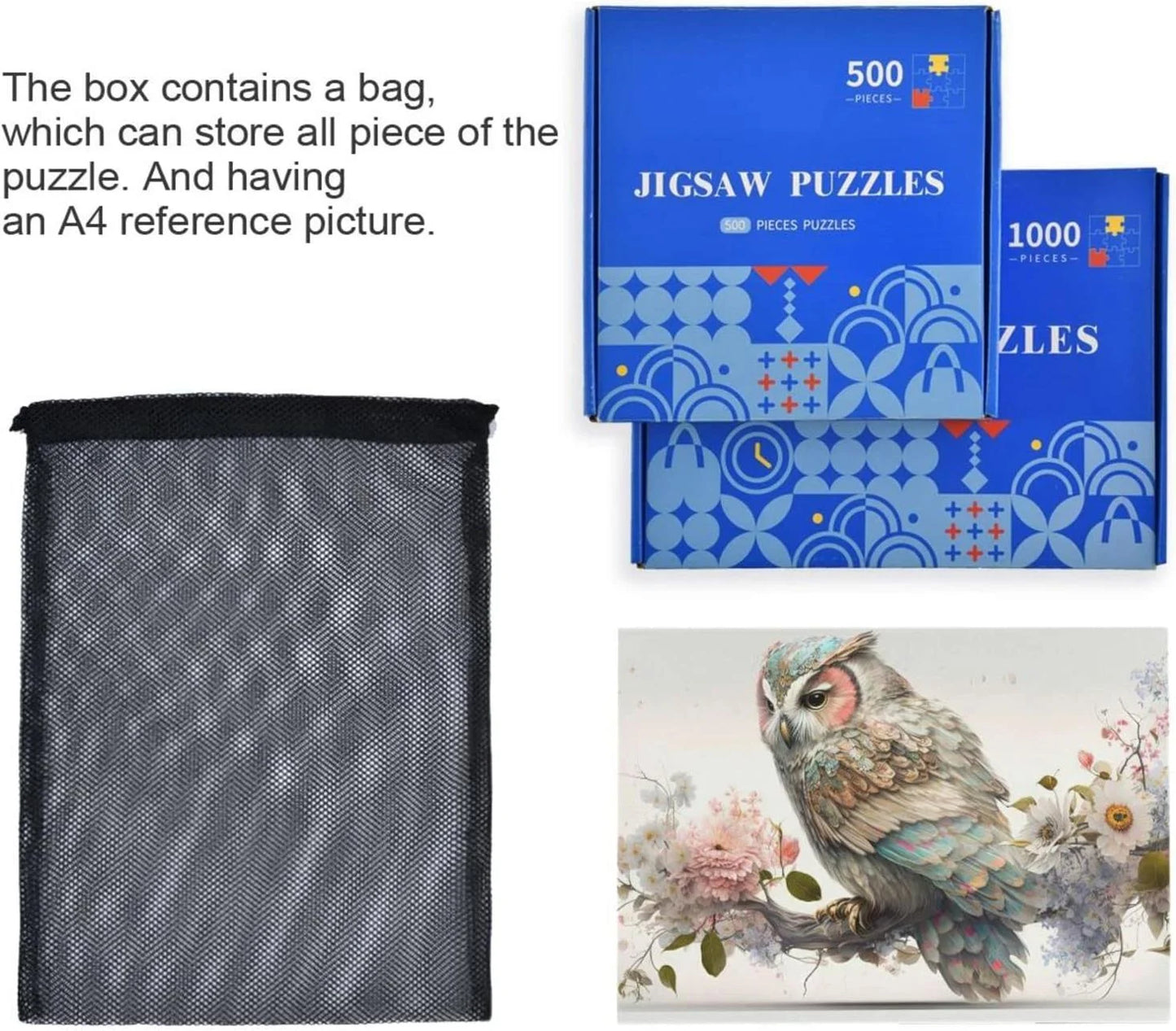 500 PCS Art Floral Owl Jigsaw Puzzle, Paper Wood Composite Material Zigsaw with Storage Bag, Puzzle for Adults, Fun Challenging Brain Exercise Family Game Gift for Kids Friends Parents