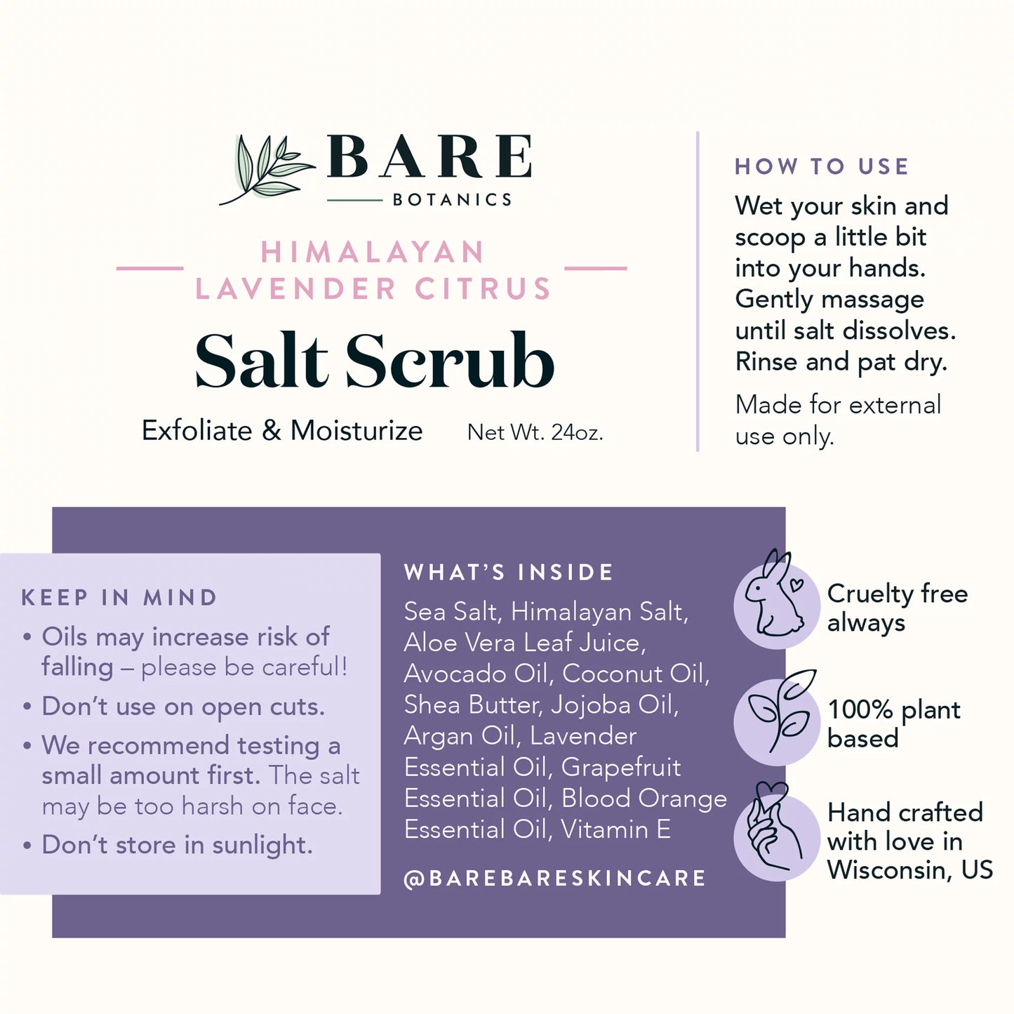 Bare Botanics Body Scrub Lavender Citrus Himalayan Salt Scrub 24 oz