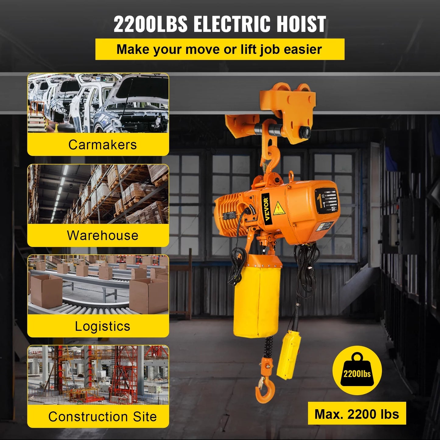 VEVOR 1 Ton Electric Chain Hoist, Single Phase 2200LBS/10FT Lift Height with Electrical Hook, Mount Chain Hoist G80, Double Chain with Pendant Control 110V for Logistics, Factories and Agriculture