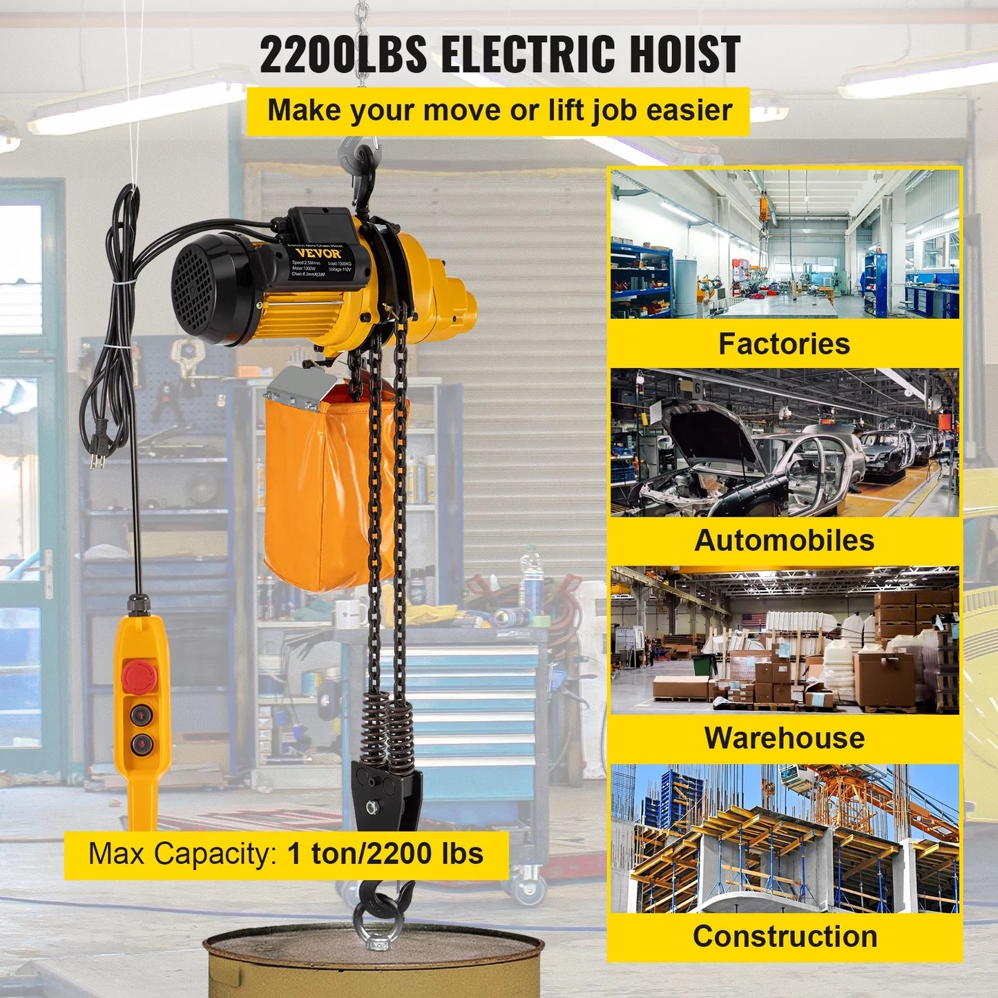 VEVOR Lift Electric Hoist, 2200 lbs Electric Winch w/ 10ft Wired Remote Control, 110V Overhead Crane Garage Ceiling Pulley Winch of 10ft Lift Height, Pre-owned In Factories, Warehouses, Construction