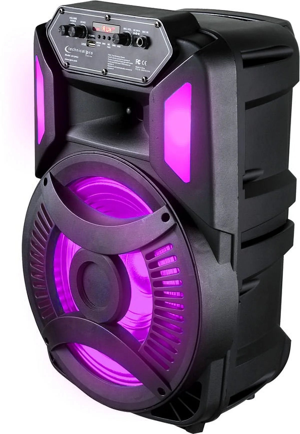 Technical Pro Rechargeable 12 Inch Bluetooth LED Speaker, FM Radio, iPod/ iPhone Compatible, LED Woofer, Playback controls, Rech