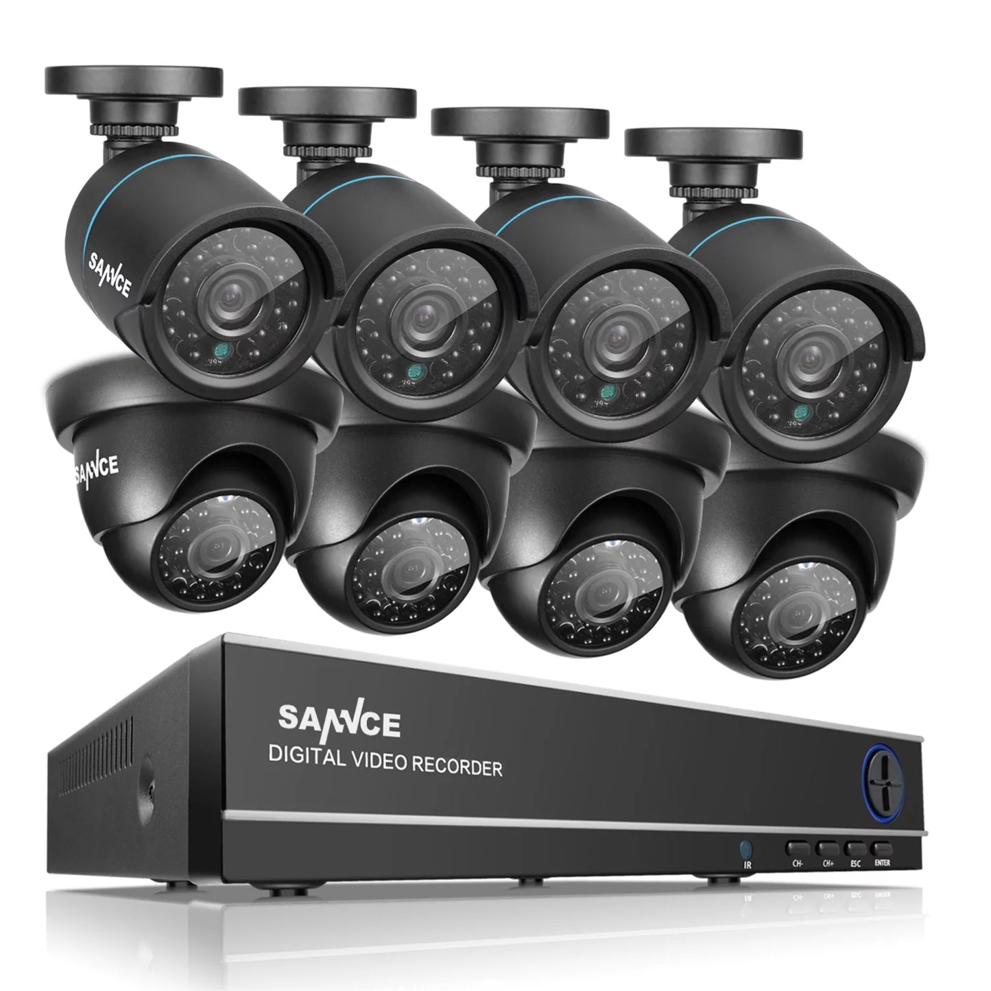 SANNCE 8CH Full 1080N Security Camera System CCTV DVR and (8) 720P Night Vision Surveillance Cameras, IP66 Weatherproof , P2P Technology/E-Cloud Service, QR Code Scan Remote Access -No HDD