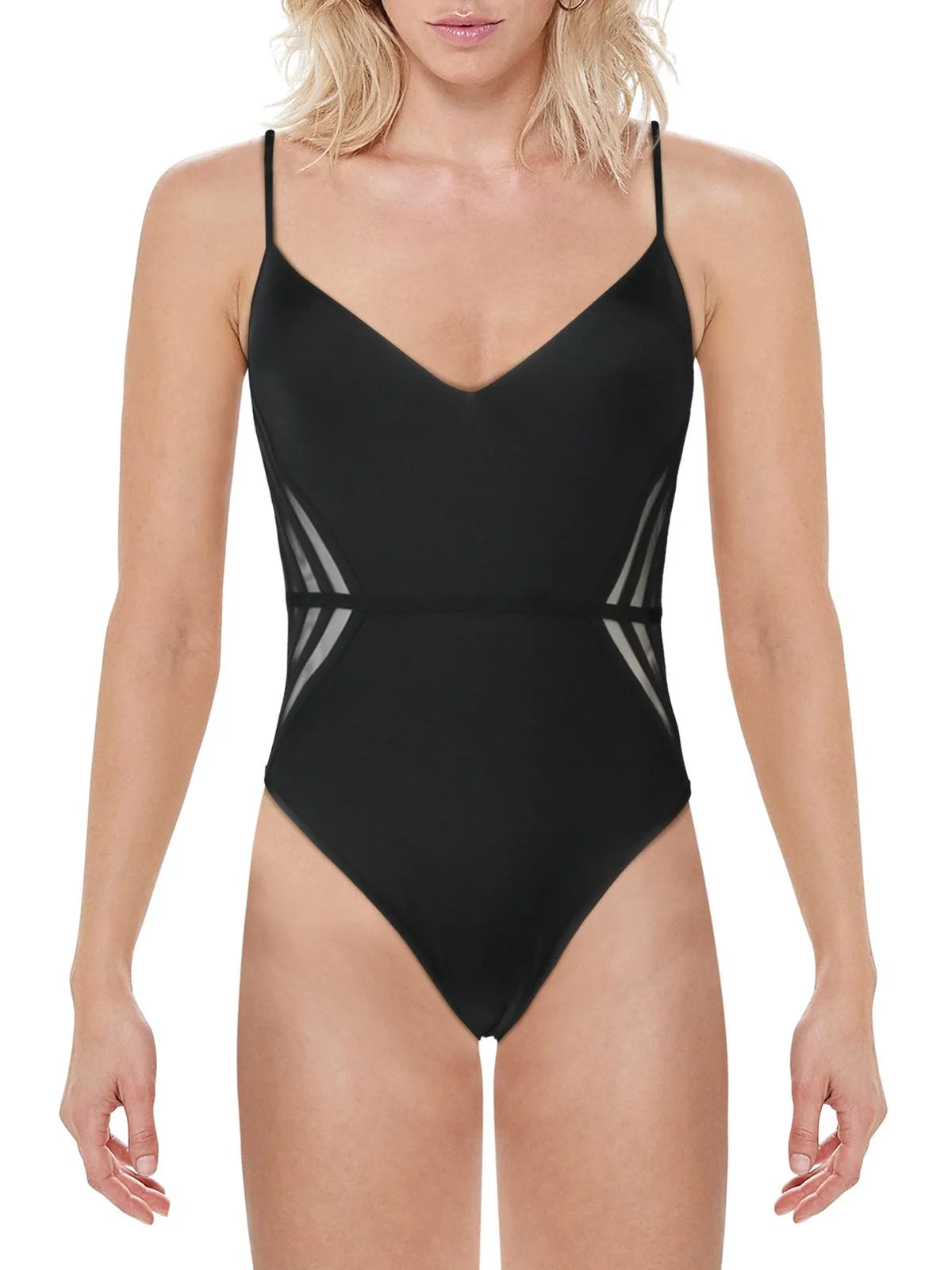 BCBG Max Azria Women's Mesh Stripe Seamed V-Neck Mio One-Piece Swimsuit