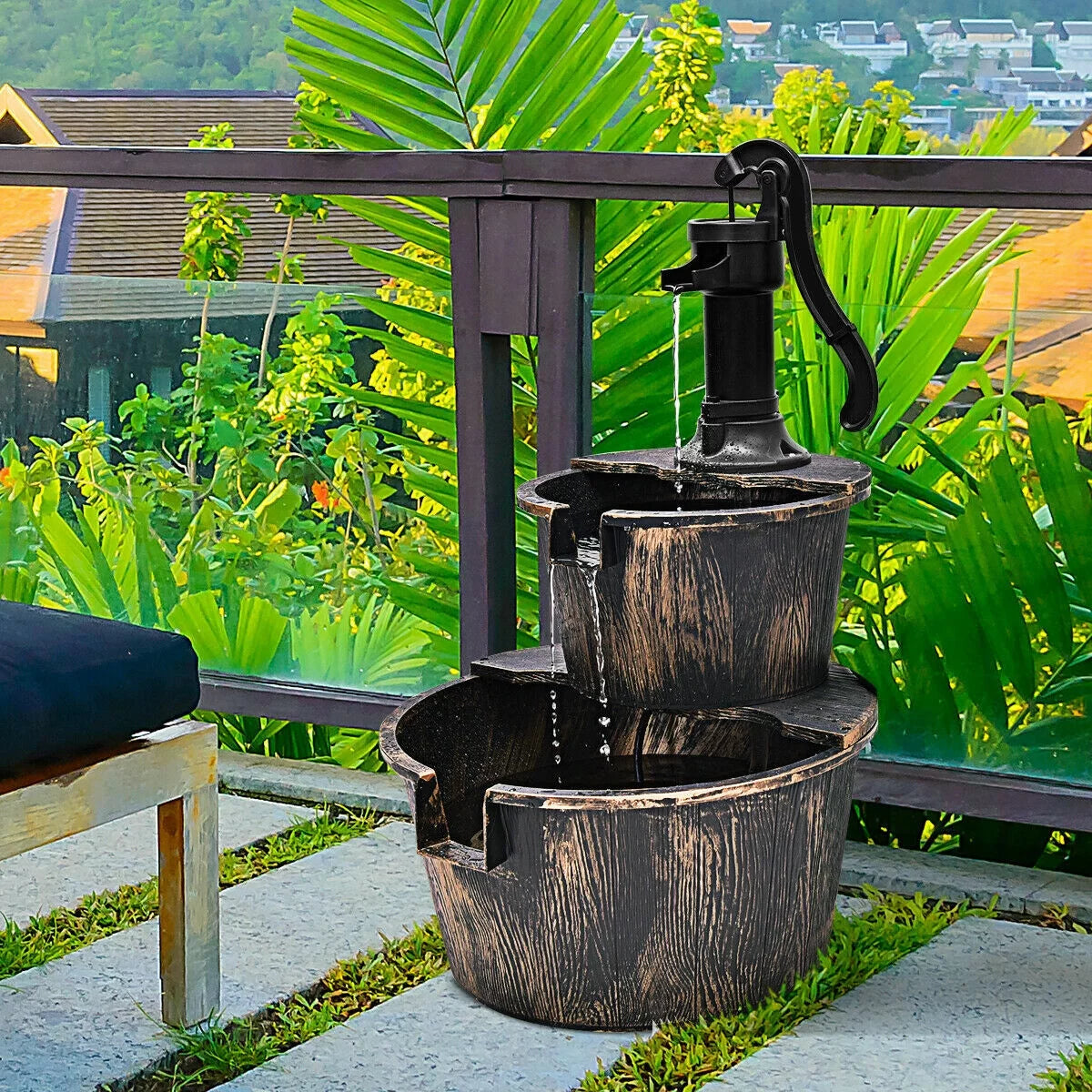 2-Tier Barrel Waterfall Fountain with Pump | Outdoor Garden Barrel Water Fountain