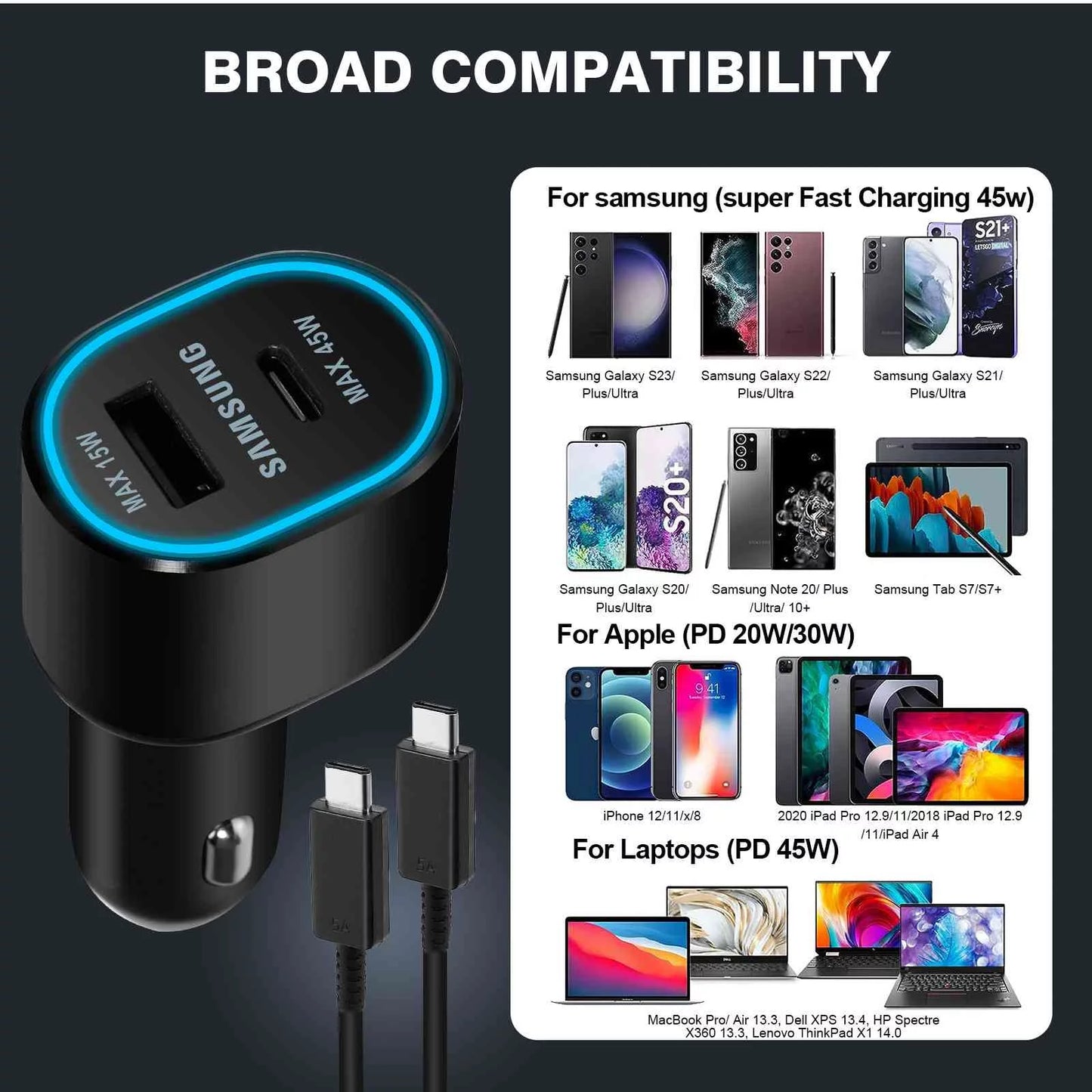 Super Fast Dual Car Charger Usb (45W+15W) Two Ports EP-L5300 Black for Legion Y700