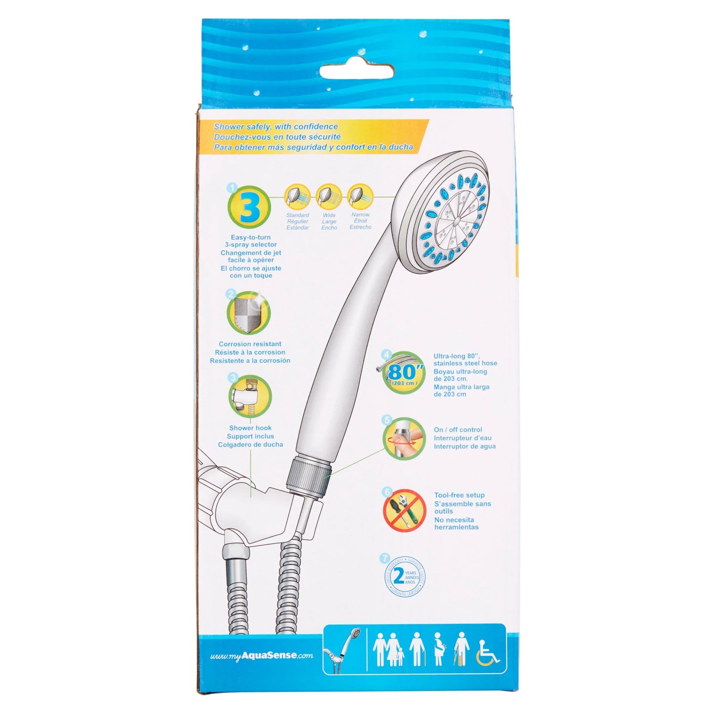 AquaSense 3 Setting Handheld Shower Head with Ultra-Long Stainless Steel Hose, White