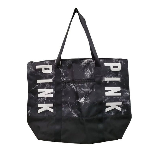 Victoria's Secret Pink Logo Zip Top Tote Gym Book Bag Black Marble New