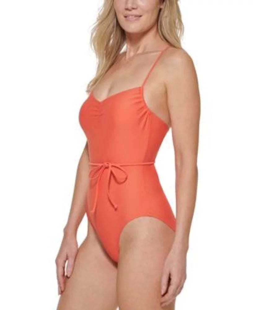 Tommy Hilfiger Women's Crisscross Back Tie-Belt One Piece Swimsuit Orange Size 16