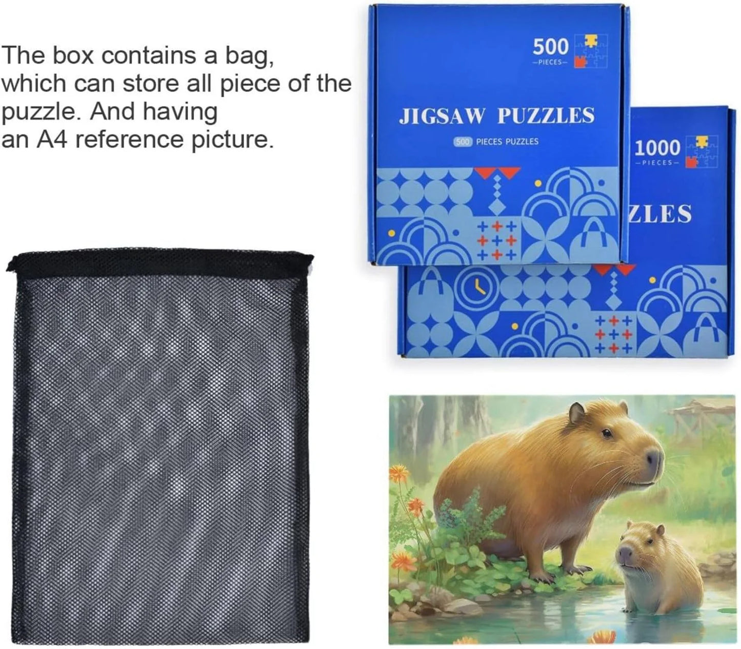 1000 PCS Capybara Family Jigsaw Puzzle, Paper Wood Composite Material Zigsaw with Storage Bag, Puzzle for Adults, Fun Challenging Brain Exercise Family Game Gift for Kids Friends Parents