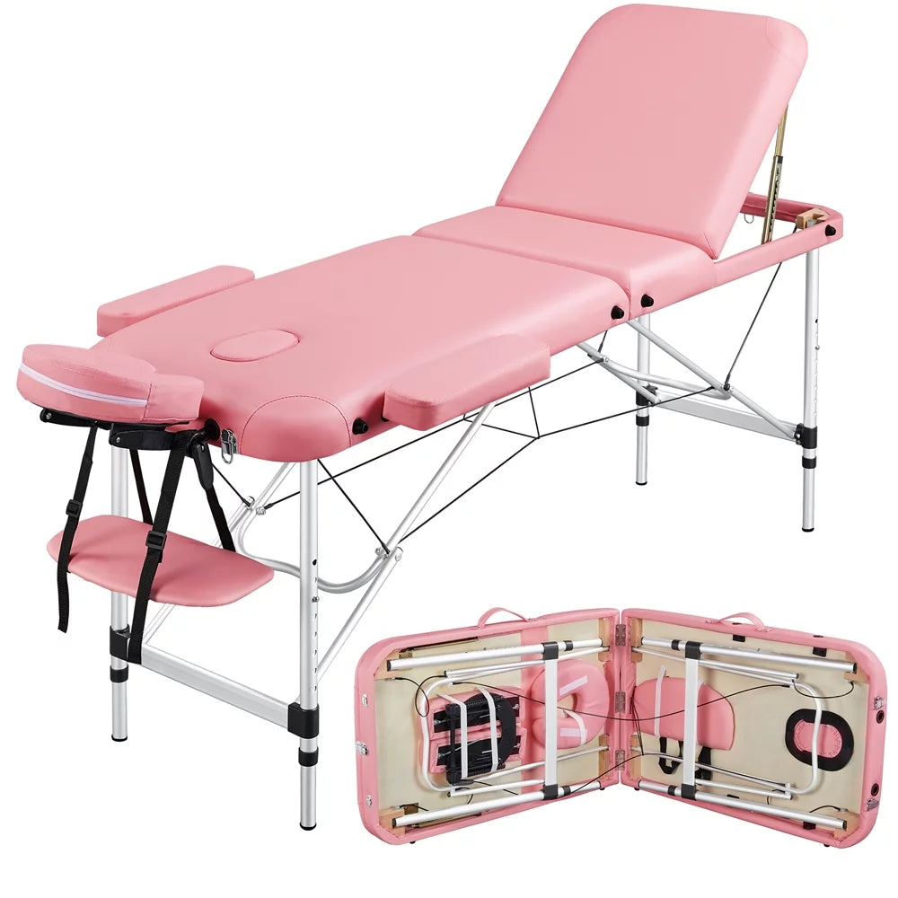 Yaheetech 84'' Adjustable Massage Bed, Massage Equipment, 3-Fold Massage Couch, Portable Salon Bed Alloy Spa Table with Backrest/Headrest/Armrest/Hand Pallet, Pink