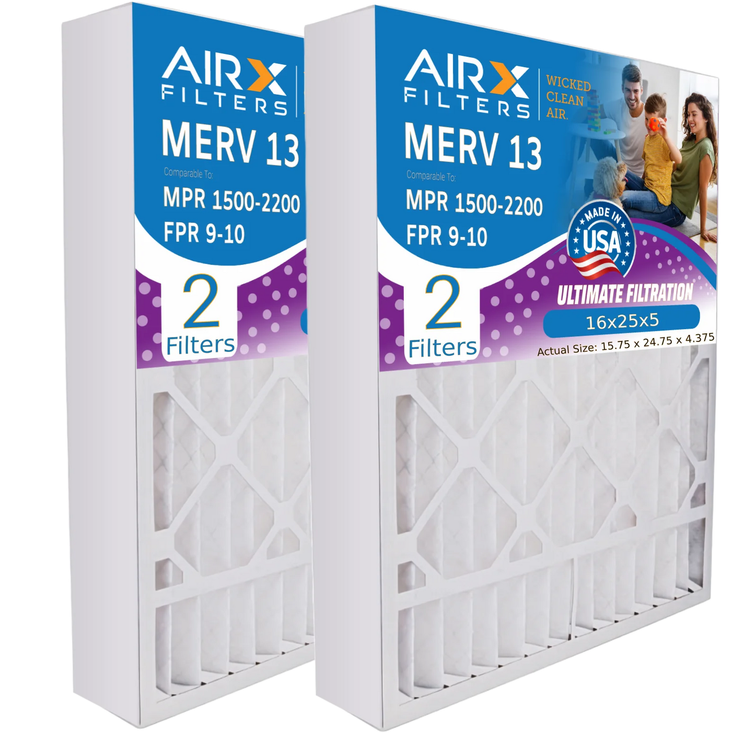 16x25x5 Air Filter MERV 13 Comparable to MPR 1500 - 2200 & FPR 9 Compatible with Lennox X6670 Air Filter 2 Pack by AIRX FILTERS WICKED CLEAN AIR.