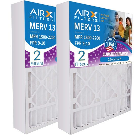 16x25x5 Air Filter MERV 13 Comparable to MPR 1500 - 2200 & FPR 9 Compatible with Lennox X6670 Air Filter 2 Pack by AIRX FILTERS WICKED CLEAN AIR.