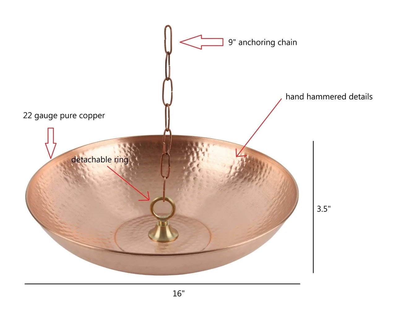 U-nitt Rain Chains 16" Anchoring Catch Basin/Receptacle/Bowl/Dish/Anchor, Pure Copper, Hammered, Metal, for Roof Gutter Rain Chain Installation, A Decorative Fountain Dish, A Bird Bath/Birdbath, 976