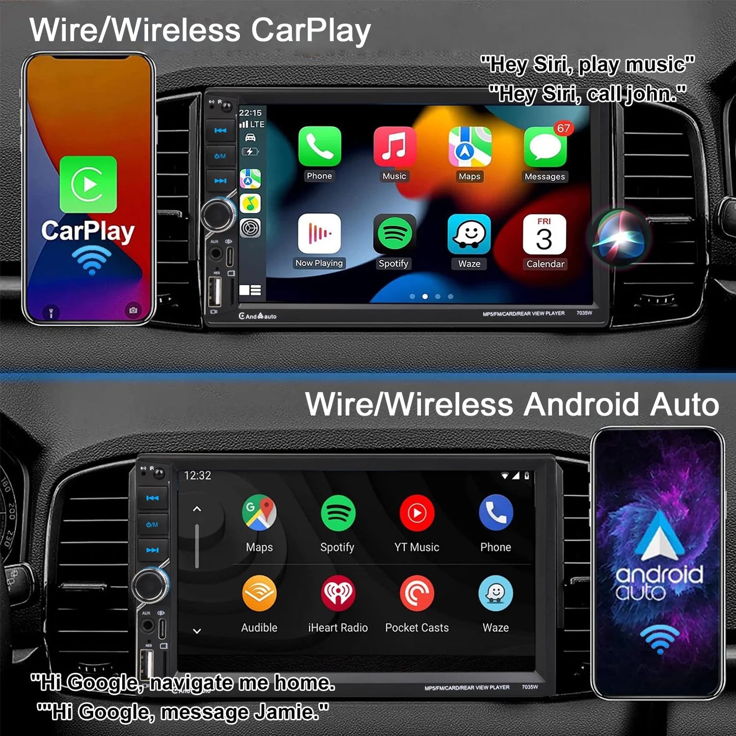 [Wireless] Double Din Car Stereo Apple CarPlay Android Auto Bluetooth 7" Touchscreen USB Rear Camera AM/FM Radio