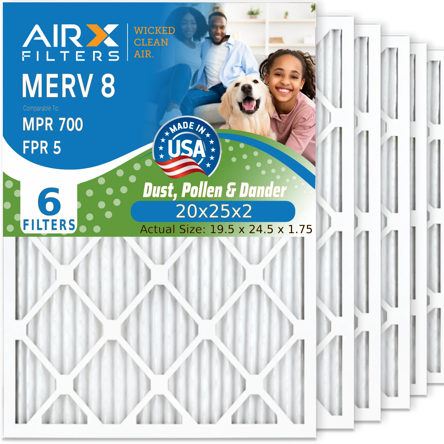 20x25x2 Air Filter MERV 8 Comparable to MPR 700 & FPR 5 Electrostatic Pleated Air Conditioner Filter 6 Pack HVAC AC Premium USA Made 20x25x2 Furnace Filters by AIRX FILTERS WICKED CLEAN AIR.