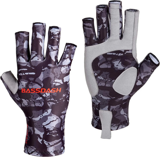 BASSDASH ALTIMATE Sun Protection Fingerless Hunting Fishing Gloves UPF 50+ Men s Women s UV Gloves for Kayaking Paddling Hiking Cycling Driving Shooting Training Black Camo X-Large