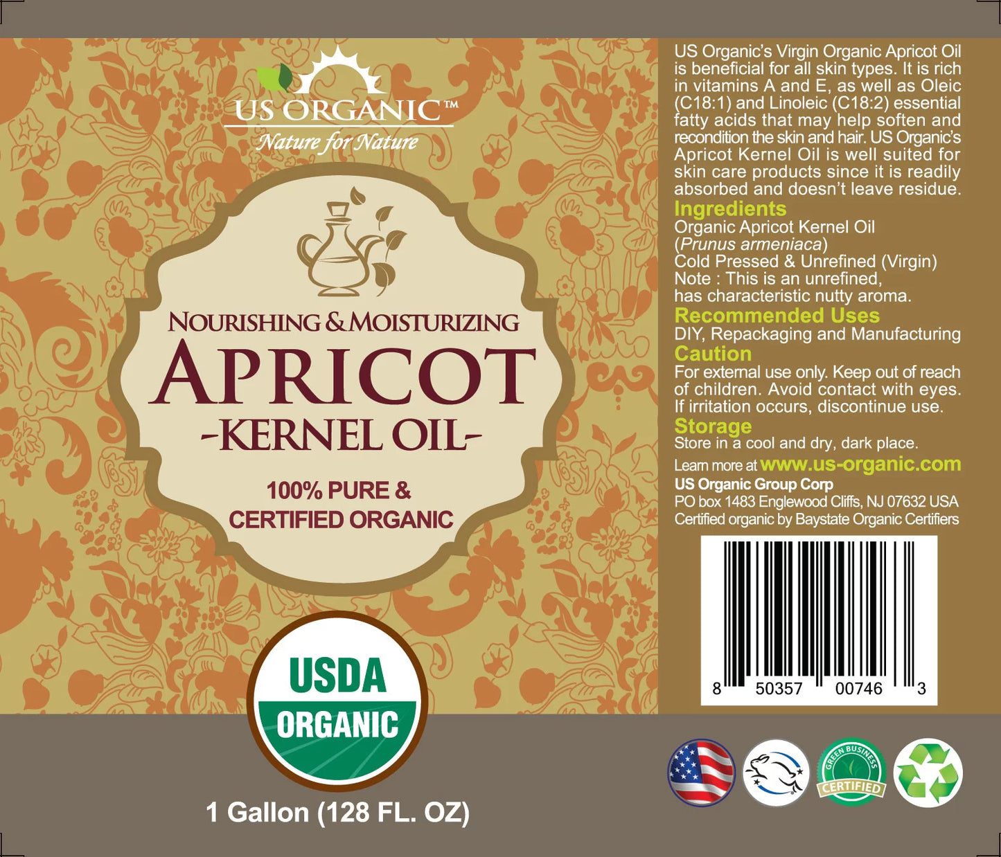 US Organic Apricot Kernel Oil, 100% Pure Certified USDA Organic, 128 oz (1 Gallon)