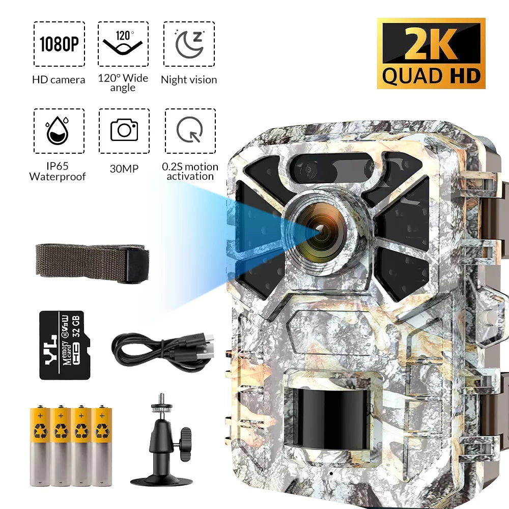 Trail Camera, 30MP 2k Game Camera with Infrared Night Vision Wildlife Surveillance, Farm Monitoring, Waterproof Hunting Trail Monitor with 120° Wide Angle Lens