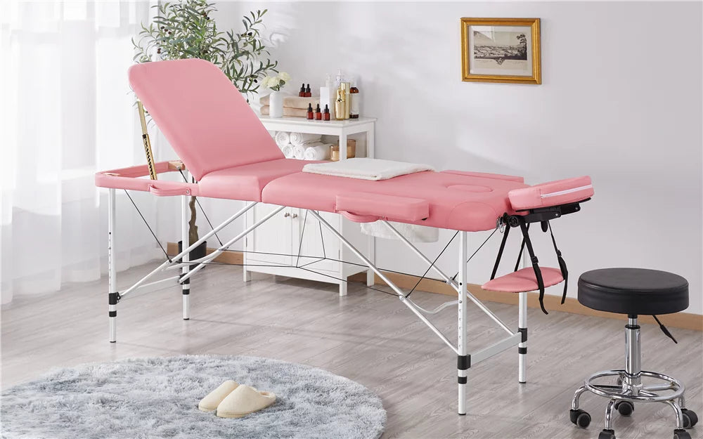 Yaheetech 84'' Adjustable Massage Bed, Massage Equipment, 3-Fold Massage Couch, Portable Salon Bed Alloy Spa Table with Backrest/Headrest/Armrest/Hand Pallet, Pink