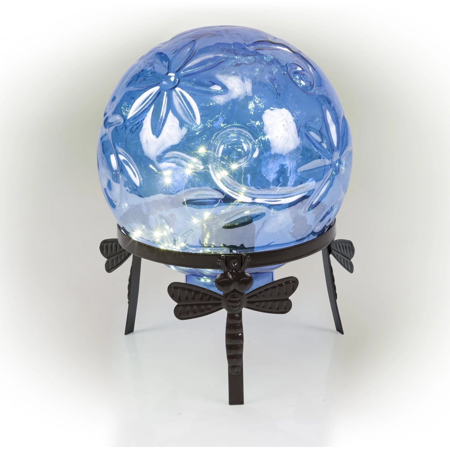 Alpine Corporation 10" W x 10" L x 13" H Embossed Glass Light-up Gazing Globe, Blue