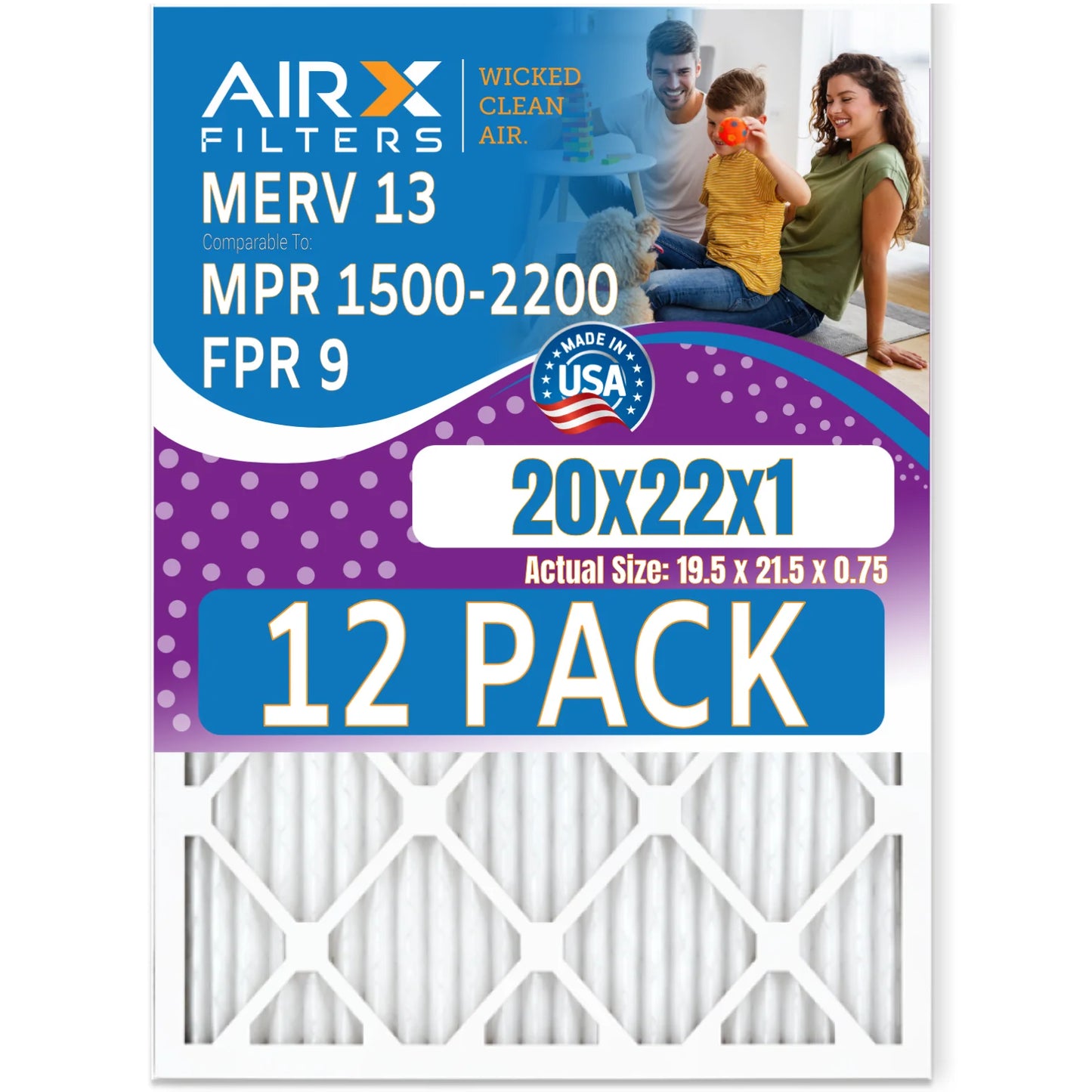 20x22x1 Air Filter MERV 13 Rating, 12 Pack of Furnace Filters Comparable to MPR 1500 - 2200 & FPR 9 - Made in USA by AIRX FILTERS WICKED CLEAN AIR.