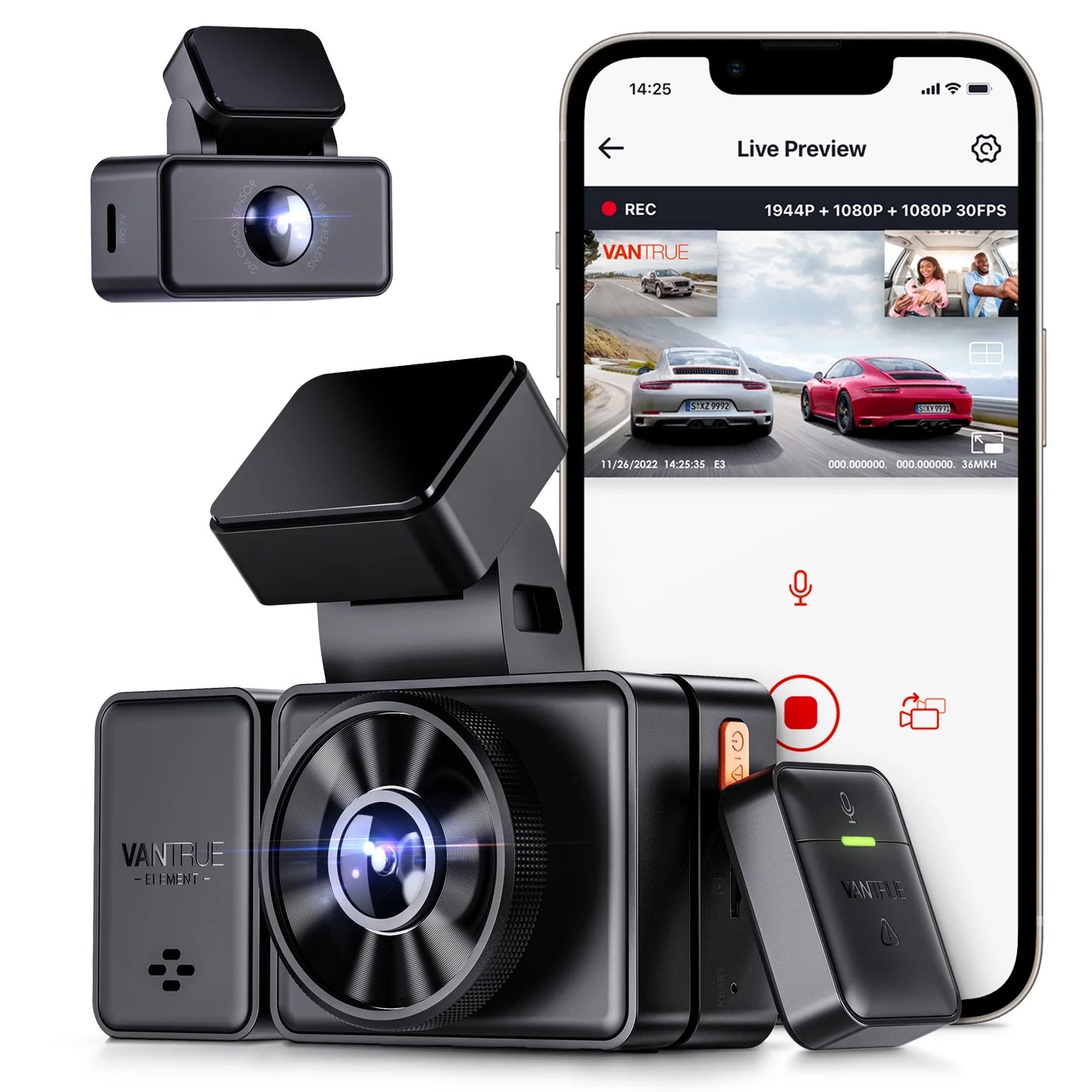 Vantrue E3 3 Channel 2.5K WiFi Dash Cam Front and Rear Inside, 3 Way Triple GPS Dash Camera 1944P+1080P+1080P with STARVIS IR Night Vision, Voice Control, 24 Hours Parking Mode, Support 512GB Max