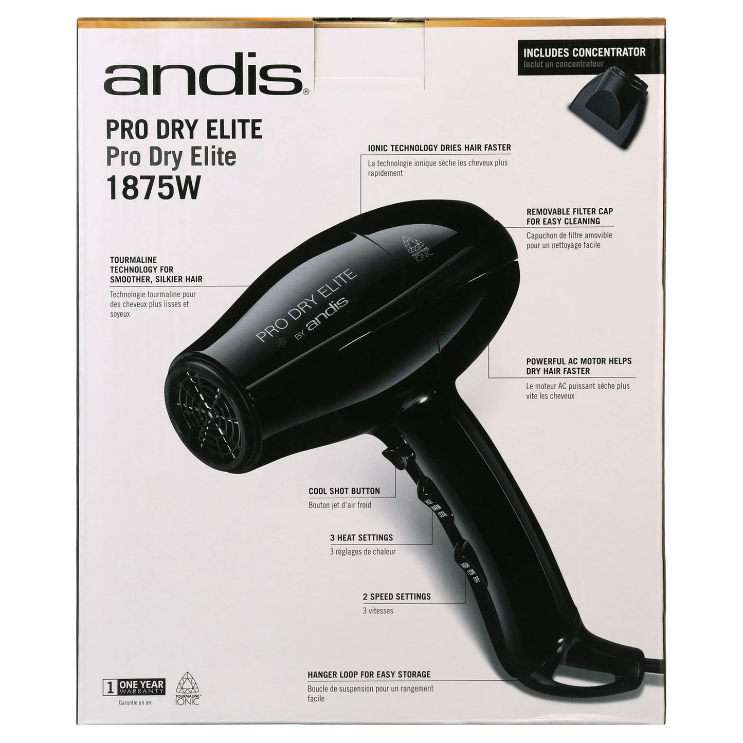 Andis ProDry Elite Hair Dryer 1875W, Tourmaline/Ionic/Ceramic, Black