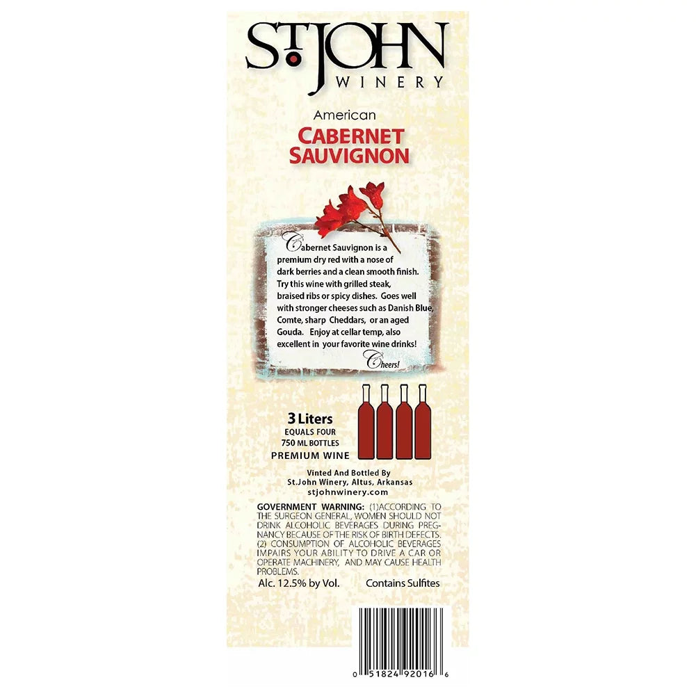 St. John Winery Cabernet Sauvignon Red Wine, Arkansas, 13.5% ABV, 3L Box -20 Servings-150ml Each