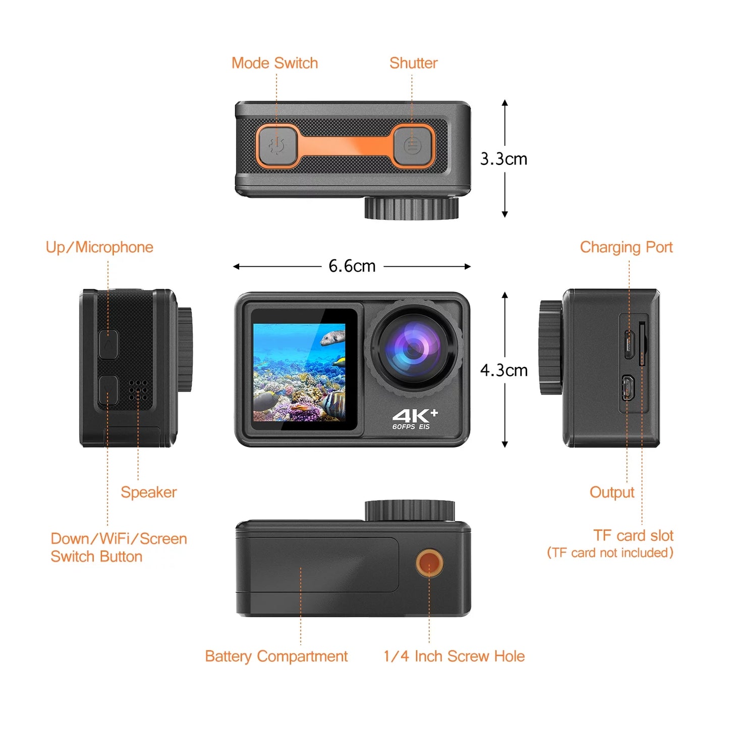 4K 24MP Dual Screen Sport Camera DV Camcorder 2.0 Inch Screen 170° Wide Angle EIS 40m Waterproof WiFi with Macro CPL ND4 8 16 Purple Lens for Outdoor Sports