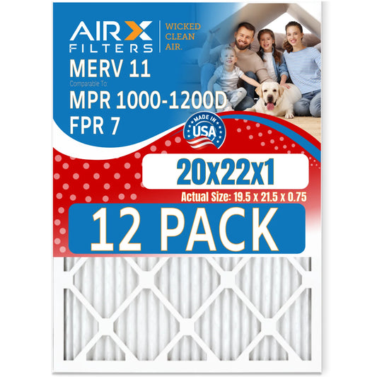 20x22x1 Air Filter MERV 11 Rating, 12 Pack of Furnace Filters Comparable to MPR 1000, MPR 1200 & FPR 7 - Made in USA by AIRX FILTERS WICKED CLEAN AIR.