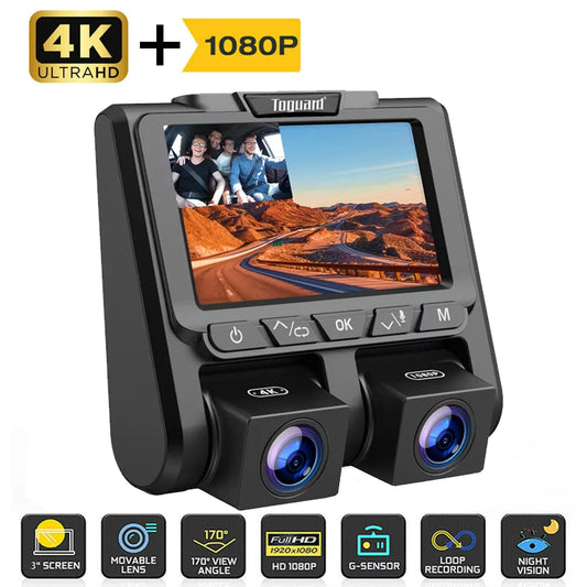 4K Dash Camera TOGUARD 4K+1080P Dash Cam Front and Inside 3" LCD Screen Car Camera Loop Recording Parking Mode G-Sensor