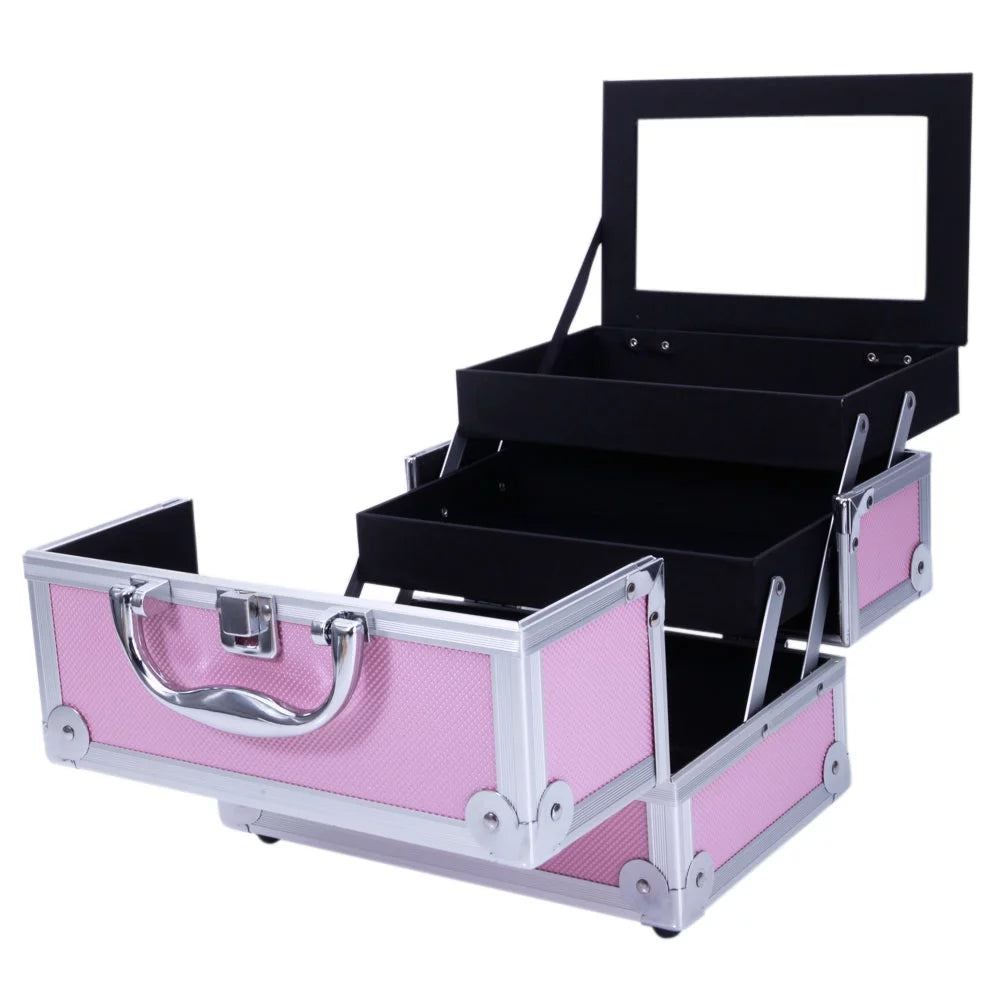 Zimtown Portable Aluminum Makeup Storage Case Train Case Bag with Mirror Lock Silver Jewelry Box Pink