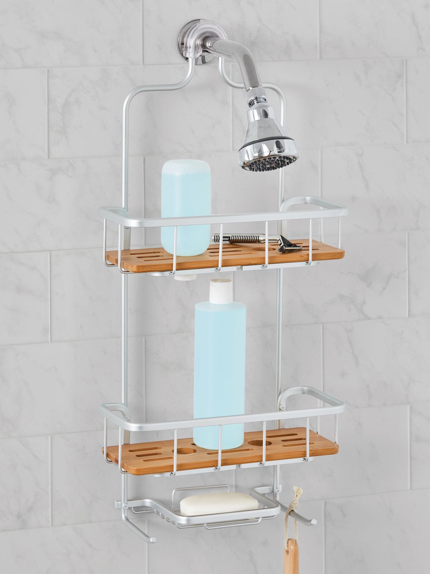 Better Homes & Gardens Rust Proof Aluminum Shower Caddy with Bamboo Shelves, Satin Chrome