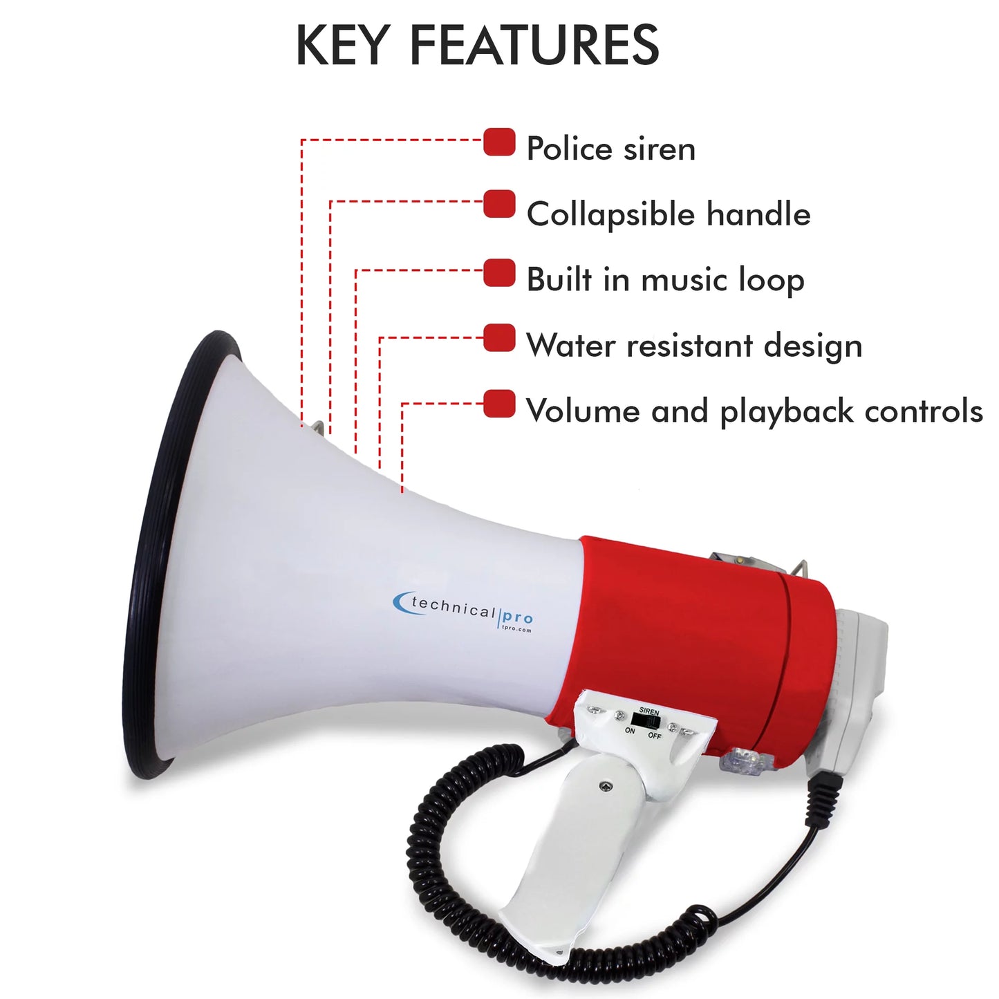 Technical Pro 75-Watt Red Megaphone Bullhorn Speaker w/ Siren, Detachable Microphone, Portable Lightweight Strap Detachable PA - Professional Outdoor Voice for Police And Cheer leading