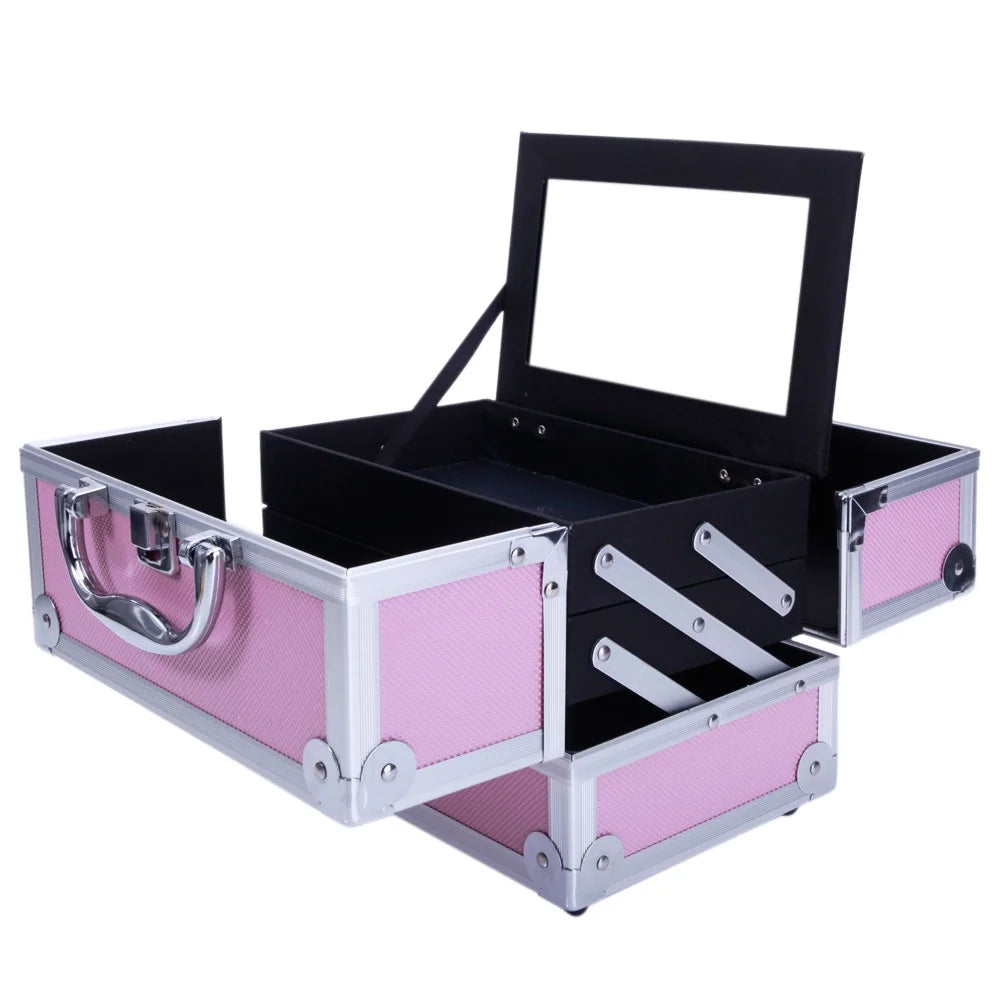 Zimtown Portable Aluminum Makeup Storage Case Train Case Bag with Mirror Lock Silver Jewelry Box Pink