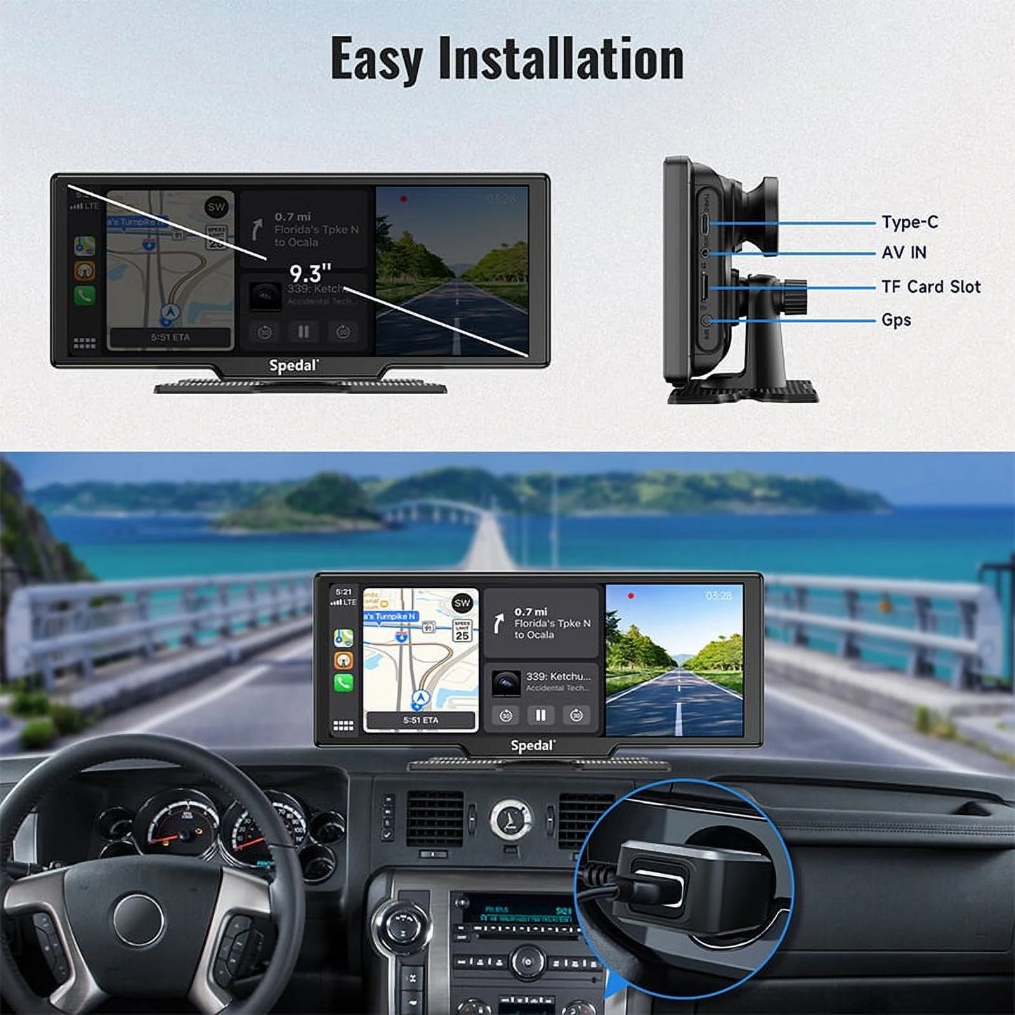 Spedal CL860 Portable CarPlay Screen with 4K Dash Cam Front and Rear- 9.3" Wireless Apple CarPlay ＆Android Auto Car Stereo Bluetooth GPS Navigation Head Unit Car Stereo Receivers 1080p Rear Camera