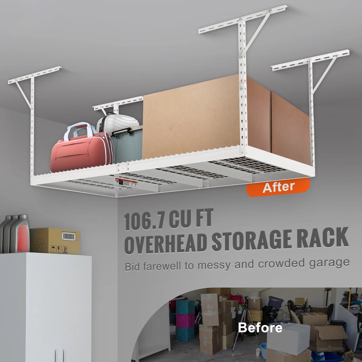 SKYSHALO Overhead Adjustable Garage Storage Rack 48x96" Ceiling Rack 600 lbs White