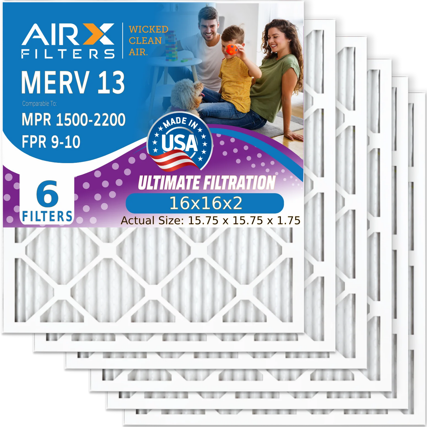 16x16x2 Air Filter MERV 13 Comparable to MPR 1500 - 2200 & FPR 9 Electrostatic Pleated Air Conditioner Filter 6 Pack HVAC AC Premium USA Made 16x16x2 Furnace Filters by AIRX FILTERS WICKED CLEAN AIR.