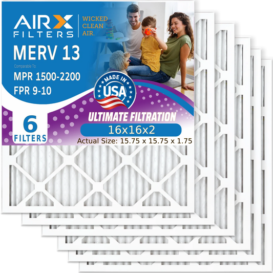 16x16x2 Air Filter MERV 13 Comparable to MPR 1500 - 2200 & FPR 9 Electrostatic Pleated Air Conditioner Filter 6 Pack HVAC AC Premium USA Made 16x16x2 Furnace Filters by AIRX FILTERS WICKED CLEAN AIR.