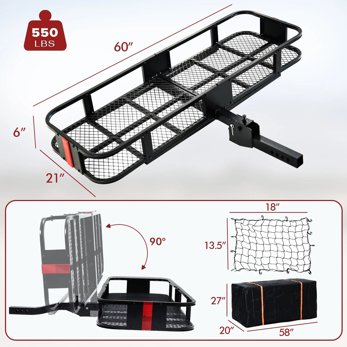 ADOFFUR Folding Hitch Cargo Carrier Mount 60"x21"x6" Luggage Basket Rack with Waterproof Cargo Bag and Net, Cargo Rack for SUV, Car, Truck - 550Lbs Capacity