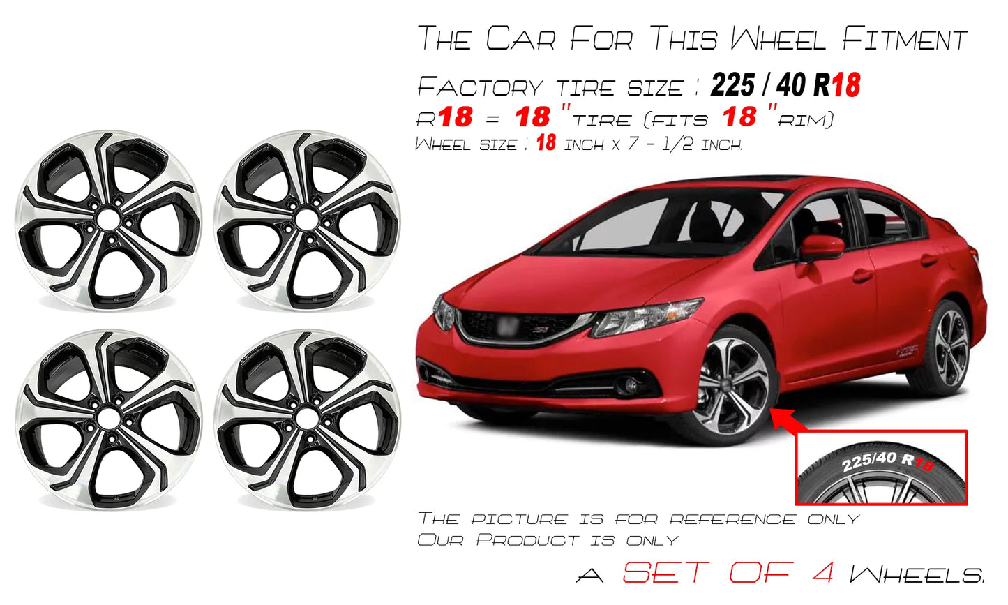 18" SET OF 4 18X7.5 Machined BLACK Wheels For 2014 2015 Honda Civic OEM Quality Replacement Rim