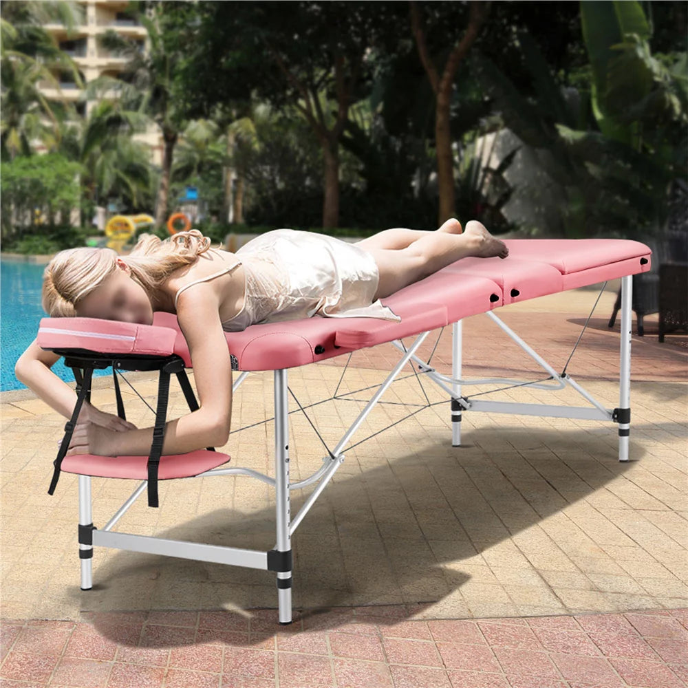 Yaheetech 84'' Adjustable Massage Bed, Massage Equipment, 3-Fold Massage Couch, Portable Salon Bed Alloy Spa Table with Backrest/Headrest/Armrest/Hand Pallet, Pink