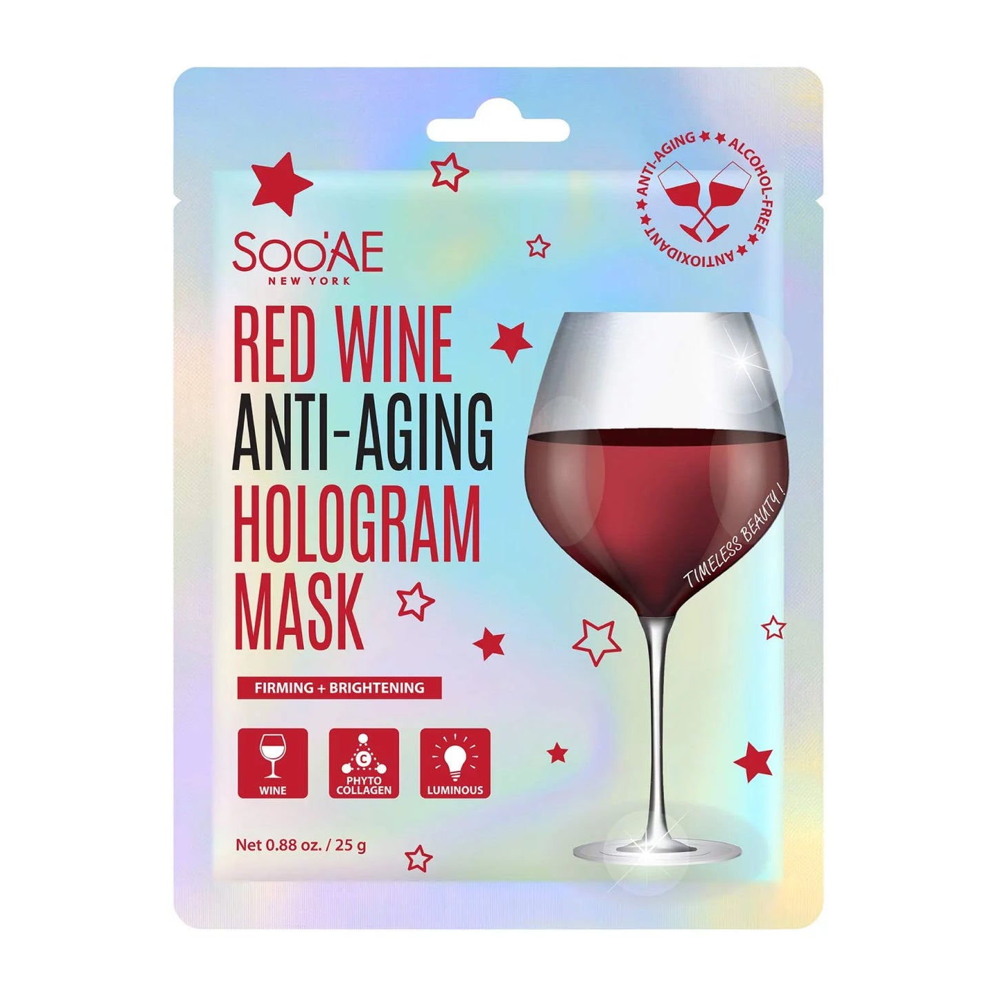 Soo,Ae Red Wine Anti-Aging Hologram Mask [12 Count] Vegan Collagen Antioxidants To Firm, Restore And Brightening Skin, Korean Beauty Sheet Mask Hydrate Glow Brighting Premium Facial Mask Face Wra