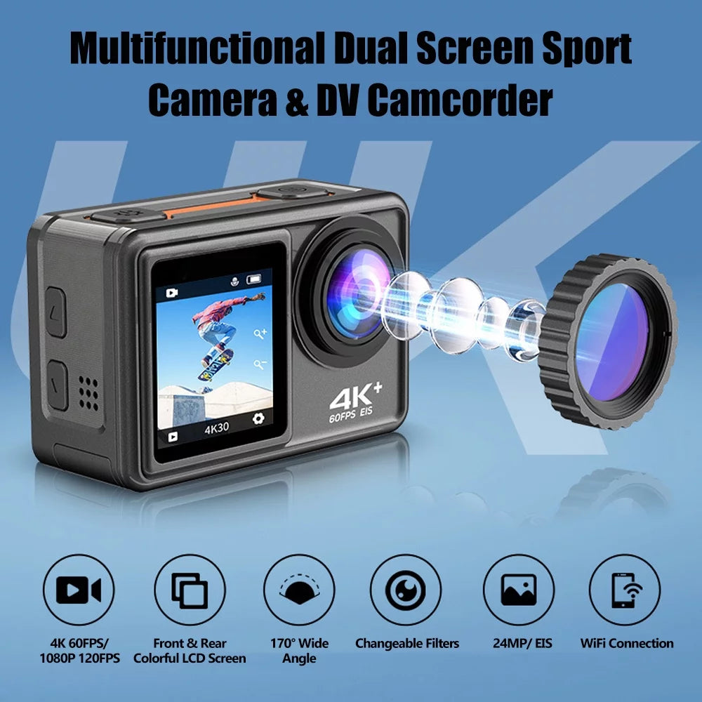 4K 24MP Dual Screen Sport Camera DV Camcorder 2.0 Inch Screen 170° Wide Angle EIS 40m Waterproof WiFi with Macro CPL ND4 8 16 Purple Lens for Outdoor Sports