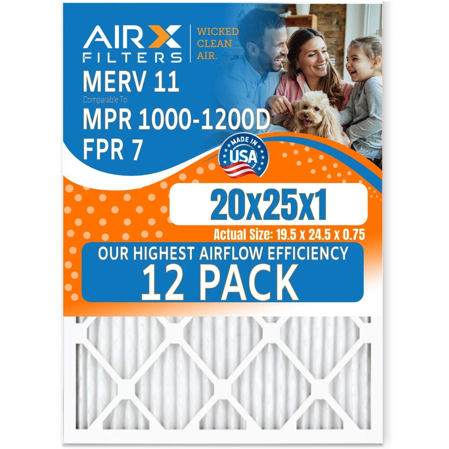 20x25x1 Air Filter MERV 11 Rating, 12 Pack of Furnace Filters Comparable to MPR 1000, MPR 1200, FPR 7, High Efficiency 12 Pack of Furnace Filters Made in USA by AIRX FILTERS WICKED CLEAN AIR.