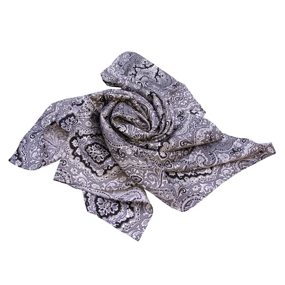 WYOMING TRADERS Paisley Silver/Black Regular Jacquard Silk Scarf (PSB)